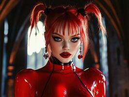 Red-haired woman with bright makeup, striking black eyeliner, and glossy red lips wears a shiny red outfit. Her hair is styled in two high ponytails. Dark background enhances her look photo