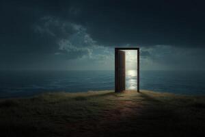An open door stands on a grassy field under a cloudy, dark sky, revealing a serene ocean view with sunlight shining on the water. Light streams through the doorway, casting shadows photo