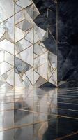Abstract geometric design with gold lines, marble textures, and reflective floors. Complex shapes create a dynamic, elegant pattern emphasizing luxury and sophistication in modern art photo