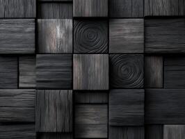Dark wooden squares with varied textures and grain patterns form a geometric mosaic. The wood ranges from smooth to rough, showcasing spirals and linear details in a seamless composition photo