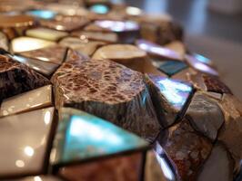 Close-up of an abstract arrangement of polished stones with diverse shapes and textures. Some stones have a glowing effect, creating an interplay of light and colors photo