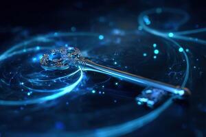 Ornate silver key rests on swirling blue light background, surrounded by glowing particles and intricate designs. Key handle features elaborate detailing, creating a mystical ambiance photo