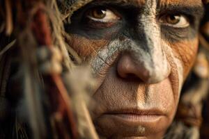 Close-up of a face focused on expressive eyes, adorned with intricate tribal-style body paint in earth tones. Detail highlights texture and emotion, drawing attention to cultural expression photo