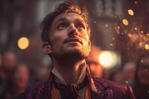 A man looks upward with a hopeful expression as warm light and glowing sparks surround him. His attire includes a dark jacket and a silk scarf, adding a sense of mystery and anticipation photo