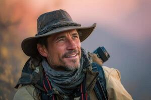Adventurer smiles, wearing rugged hat and scarf, with camera gear. Light from sunset casts a golden glow. Blend of nature and exploration vibes captured in a remote setting. Adventure awaits photo