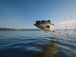 A fish leaps out of calm water, creating splashes under a clear blue sky. The horizon is visible in the distance, and the sunlight highlights the fish's scales, giving them a shiny appearance photo