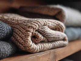 Three folded knit sweaters are stacked on a wooden shelf, showcasing textures and details in soft, warm tones. The focus is on the beige sweater, highlighting the intricate knit pattern photo