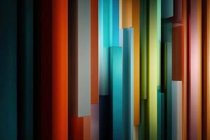 Vertical, colorful panels in varying shades and widths create an abstract geometric pattern. The composition features blues, reds, greens, and yellows, creating a sense of depth and movement photo