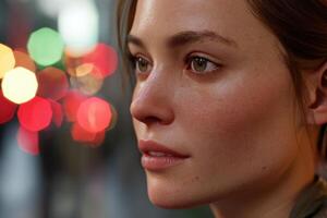 Close-up of a young woman with brown hair and a thoughtful expression. Her skin has a natural glow, and out-of-focus colorful lights create a bokeh effect in the background photo