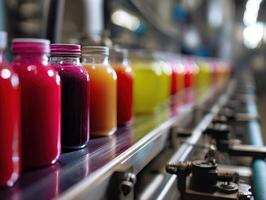 Jars with vibrant liquids in various colors, including red, yellow, and orange, are aligned on a metallic conveyor belt in a production facility, with a blurred industrial background photo