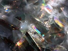 Prismatic, colorful fragments reflect light in a kaleidoscopic manner, creating a captivating visual display of iridescent hues and abstract patterns with a mystical, ethereal atmosphere photo
