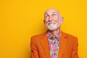 Elderly man with a bald head and white beard, wearing a vibrant orange jacket and a colorful floral shirt, tilts his head slightly, smiling with a thoughtful expression photo