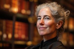 Elderly woman with gray hair and formal attire smiles softly while standing in front of shelves filled with blurred books, suggesting a library or study environment photo