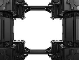Intricate black mechanical structure with four symmetrical angular units, connected by rods, forming a square frame with an open center space, creating a futuristic appearance photo