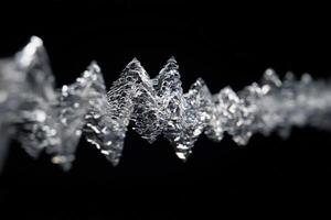 Abstract close-up of a twisting, crystalline wave-like structure in focus against a blurred backdrop, featuring sharp, jagged peaks and delicate patterns, creating a dynamic visual effect photo