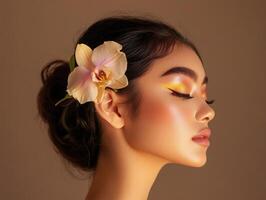 Orchid flower adorns a woman's hair as she poses in profile. Her closed eyes display vivid eyeshadow with striking highlights. The soft lighting enhances her serene expression photo
