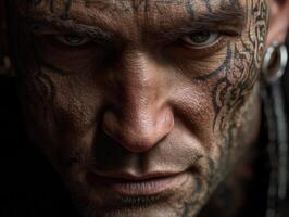 Intense gaze of a person with intricate facial tattoos, earrings, and detailed texture on skin. The expression appears fierce and dramatic, with strong lighting emphasizing features photo
