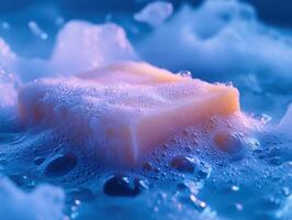 Bar of soap partially submerged in foamy soap suds with large and small bubbles surrounding it. The soap has a soft, smooth texture, highlighted in a blue and pink hue photo