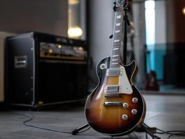 Sunburst electric guitar on a stand in a studio setting with an amplifier in the background, soft lighting reflecting off the guitar's polished body, highlighting its elegant curves photo