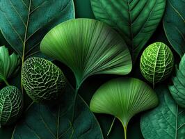 Diverse collection of intricately textured green leaves fan shaped, rounded, and veined. Harmonious arrangement creates a visually striking and natural pattern photo