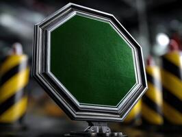 Octagon-shaped sign with a green surface and silver border, mounted on a small base. In the blurred background, black and yellow striped pillars create an industrial setting photo