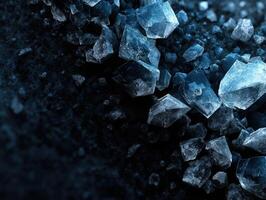 Jagged blue crystals scatter across a dark surface, creating a mesmerizing and intricate pattern with sharp edges and varying translucency, exuding a cool and mysterious aesthetic photo