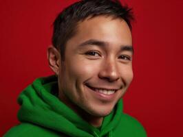 Young man with short hair smiling warmly, wearing a bright green hoodie. He has an earring in his left ear. The background is a plain solid color. No text present photo