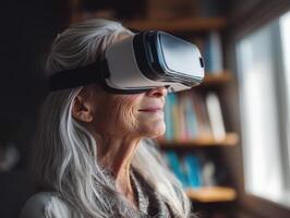 Elderly woman with long white hair wearing virtual reality headset, standing beside a window, with bookshelves blurred in the background, expressing curiosity and engagement photo