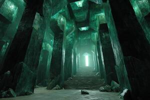 Majestic stone corridor with towering emerald-colored columns leading to a bright light at the top of the stairs, creating a mystical and enchanting atmosphere photo