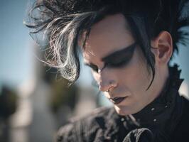 A person with dramatic makeup gazes downward, featuring bold black eyeshadow, pale skin, and dark lipstick. Hair is styled voluminously with streaks, and attire includes high collar with studs photo