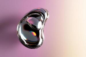 Abstract silver metallic blob with reflective surfaces and multi-colored highlights, set against a soft gradient background of light pink and beige. Sculptural and fluid visual effect photo
