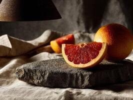 Juicy blood orange and sliced segment placed on rustic stone, illuminated with warm light, creating a cozy atmosphere. Background elements include a folded cloth and dark shadows photo