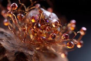 Glowing, spherical orange and amber crystals are artistically woven into a delicate wire structure, resembling an organic form. The shimmering crystals catch the light beautifully photo