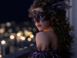 Elegant woman in lavish dress with intricate mask adorned with feathers and lace gazes over shoulder. Soft bokeh lights create enchanting atmosphere, highlighting her mysterious allure photo