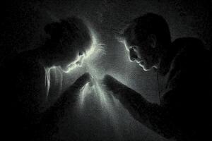 Silhouetted figures face each other with hands close a glowing light emanates between their palms, casting an ethereal glow on their faces and creating a mysterious, intimate atmosphere photo