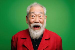 Elderly man with a white beard and open mouth wearing a red jacket, expressing surprise against a green background. His hair is short and grey, and his eyes are wide open photo