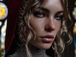 Elegant portrait of a young woman with blond curls, wearing a red hood and intricate chainmail, against a blurred background. Her striking gaze and delicate features captivate attention photo