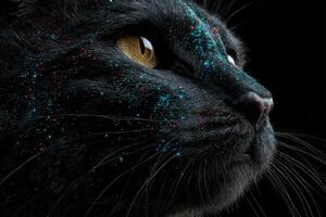 Close-up of a black cat with bright yellow eyes, speckled with blue and red spots resembling stars or paint splatters, creating a cosmic or artistic effect on its fur photo