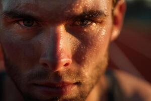 Intense close-up of a determined person with a sweaty face, highlighting focused eyes and textured skin. The low lighting creates dramatic shadows, emphasizing determination and effort photo