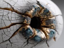 A close-up of a cracked surface forms an irregular hole, featuring white, blue, and gold textures. The intricate patterns create a sense of organic decay and artistic craftsmanship photo