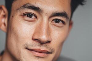 Close-up portrait of a man with short dark hair, well-groomed eyebrows, and slight facial hair. He has a mild smile and smooth skin, conveying a confident and approachable demeanor photo