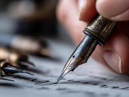 Fountain pen writing on paper with elegant script, close-up of nib and hand holding pen, metallic details, artistic lettering, blurred background, focus on pen and handwriting photo