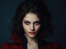 Mysterious woman with intense gaze, dark curly hair, and bold red lipstick, wearing a red and black outfit with dramatic lighting enhancing her striking features photo