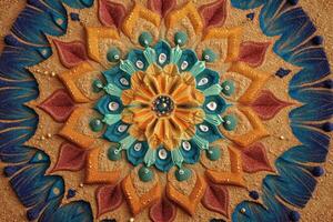 Colorful mandala featuring intricate symmetrical patterns with petals, leaves, and beads in vibrant blues, yellows, and oranges, creating a mesmerizing radial design with depth and texture photo