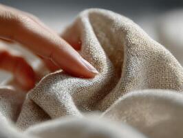 A hand gently touches a softly lit, textured fabric, showcasing intricate weaving and natural fibers. The fabric appears to be delicate and luxurious, inviting touch and attention photo