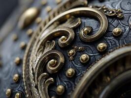 Ornate metal design with intricate gold swirls and small golden spheres over a textured dark background. The close-up shot highlights the luxurious details and craftsmanship photo