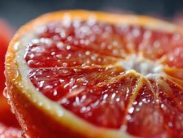 Close-up of a juicy, vibrant red citrus fruit slice with glistening droplets, showcasing the intricate textures of the pulp and rind. The fruit is fresh and appears appetizing photo