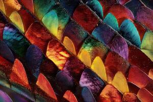 Vibrant, close-up image of colorful overlapping scales. The textures and hues mix seamlessly, displaying rich reds, blues, purples, and yellows, creating a mesmerizing, abstract pattern photo