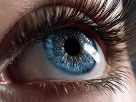 Close-up of a blue eye with detailed iris pattern, prominent eyelashes, and intricate textures. The reflection in the eye adds depth, highlighting the vibrant color and natural beauty photo