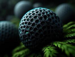 Futuristic spherical object with a perforated texture and teal lighting amidst blurred leafy greenery, evoking a sense of mystery, science fiction, and advanced technology photo